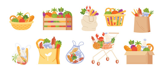 Shopping bags. Cartoon grocery packing. Product paper package eco-friendly market bag, plastic bag. Bread, milk, vegetables, fruits, drinks, packaged goods. Food delivery. Vector set