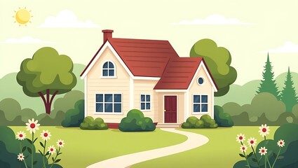 Beautiful Garden and Red Roof House , Ideal for eco-living promotions, home and garden magazines, or spring/summer advertisement designs.