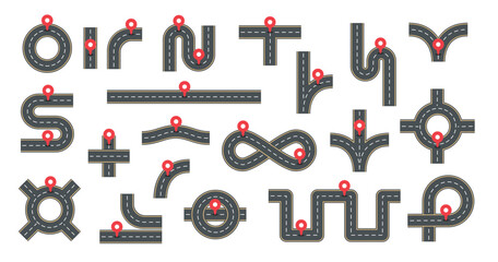 Road path. Navigation highway with pointer. Asphalt highway top view direction, route traffic, street roadmap. Gps location pin for destination path. Street roads plan kit. Vector set