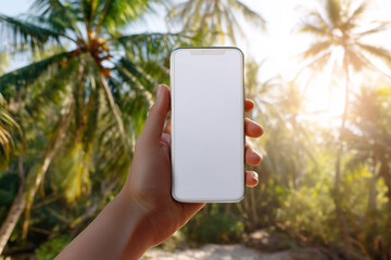 Naklejka premium Hand with cell phone in hand against ocean background. Phone with white screen on tropical background. Phone advertisement on the background of the sea.
