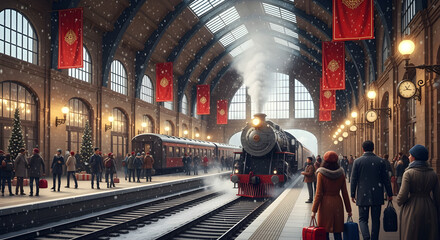 Classic train station decorated for holidays with red banners and steam train