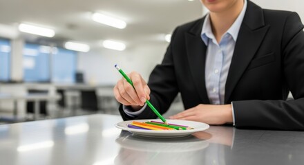 Woman balancing pencils at office desk for creative focus and skill demonstration