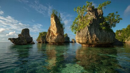 Tropical island scene shows rock formations in clear water partially vegetated against a blue sky