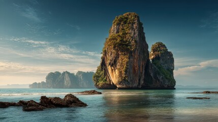 Tall limestone karsts covered with vegetation rise out of calm shallow ocean water under a blue sky