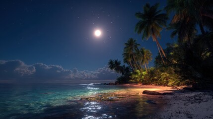A tropical beach is illuminated by a full moon with visible stars and palm trees under a night sky