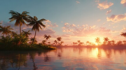 Tropical palm trees are silhouetted against a vibrant sunset sky reflected on the tranquil still