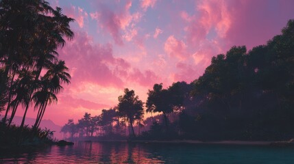 Lush tropical foliage meets a pink hued sky reflecting in calm water palms and trees against the