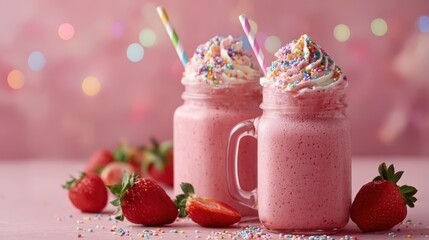Two strawberry milkshakes topped with whipped cream and sprinkles in mason jar mugs on a pink