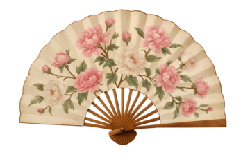 Traditional Oriental Peony Hand Fan with Intricate Botanical Illustrations, Perfect for Themes of Asian Culture, Vintage Decor, or Artistic Collectibles