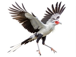 Obraz premium Dramatic portrait of a Secretary Bird with outstretched wings against white background
