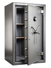 A large, gray steel safe with its door open, showing shelves inside