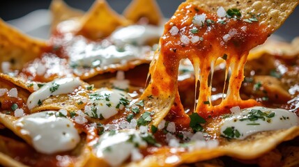 Premium breakfast chilaquiles with melted cheese strings and traditional red salsa in upscale restaurant setting