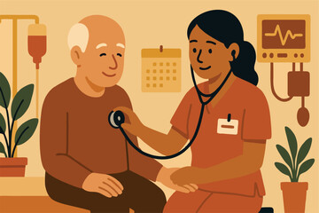 "Flat Vector of Elderly Patient Health Check by Caring Nurse in Warm Medical Room with Equipment and Plants – Healthcare Illustration"