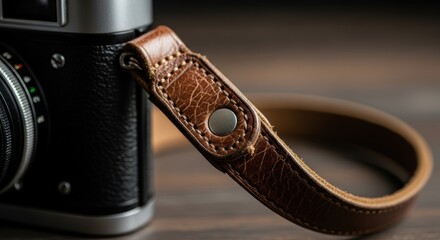 Vintage camera leather strap close-up on wooden surface