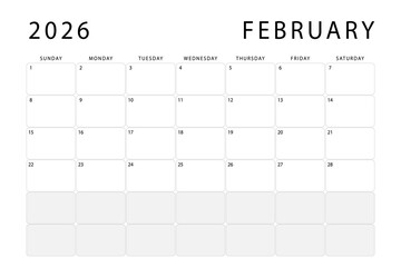 February 2026 calendar. Monthly planner template. Sunday start. Vector design