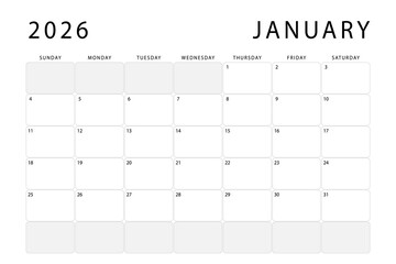 January 2026 calendar. Monthly planner template. Sunday start. Vector design