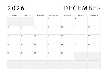 December 2026 calendar. Monthly planner template. Sunday start. Vector design