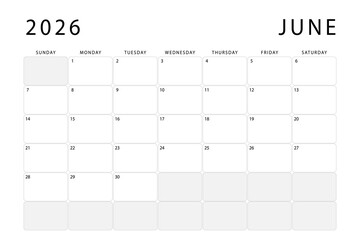 June 2026 calendar. Monthly planner template. Sunday start. Vector design