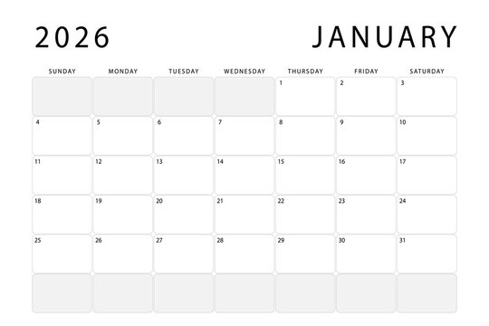 January 2026 calendar. Monthly planner template. Sunday start. Vector design
