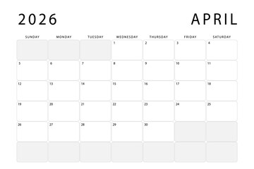 April 2026 calendar. Monthly planner template. Sunday start. Vector design