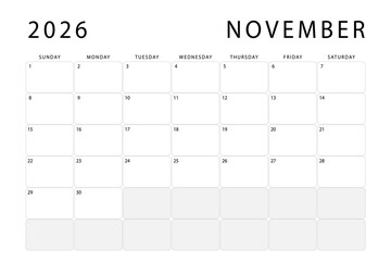 November 2026 calendar. Monthly planner template. Sunday start. Vector design