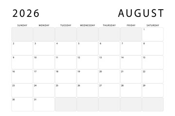 August 2026 calendar. Monthly planner template. Sunday start. Vector design
