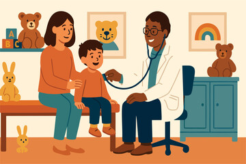 Flat Vector Illustration of Pediatric Check-Up with Child, Parent, and Friendly Doctor in a Cheerful Clinic