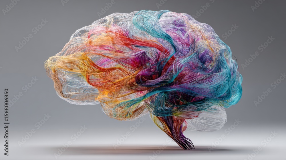 Poster an artistic rendering of a human brain with colorful, flowing neural pathways, illustrating complex 