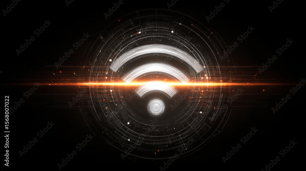 Poster an artistic representation of a wi-fi symbol composed of digital elements and glowing lines, set aga