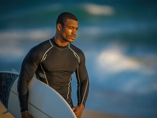 African American man in black wetsuit stands on beach holding surfboard, gazing at ocean waves, showcasing passion for surfing and connection with nature