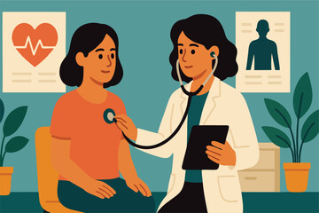 Flat Vector Illustration of Routine Health Check-Up in Modern Clinic with Female Doctor and Patient