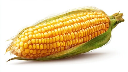 Fresh, Ripe Ear of Corn with Yellow Kernels and Green Husks, Isolated on White Surface.