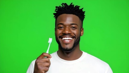 Smiling young man holding toothbrush against bright green background promoting dental hygiene and confidence