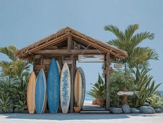 Surfboard shack with colorful surfboards leaning against wooden structure surrounded by tropical plants and clear blue sky, evoking a relaxed beach lifestyle and summer vibes