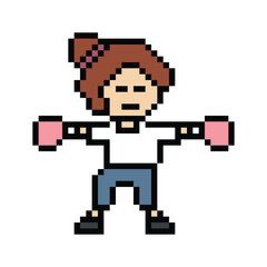 Obraz premium Cartoon cute pixel character woman exercises training boxing pugilism punch lifestyle decor life style 8 bit female lady boxing fisticuffs gym game 8bit fitness isolated PNG vector.