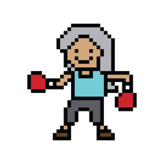 Obraz premium Cartoon cute pixel character woman exercises training boxing pugilism punch lifestyle decor life style 8 bit female lady boxing fisticuffs gym game 8bit fitness isolated PNG vector.