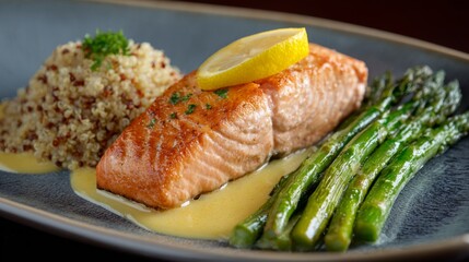 An elegant presentation of a salmon dinner with a side of quinoa, roasted asparagus, and a light citrus sauce, served on a sophisticated dining plate.