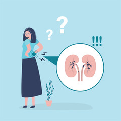 Unhappy woman have kidney pain on back. It’s felt in your sides, back, belly or groin. Kidney pain can be caused by stones. Medical concept of diseased urinary system.