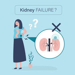 Unhappy woman have kidney pain on back. It’s felt in your sides, back, belly or groin. Kidney pain can be caused by stones. Medical concept of diseased urinary system.