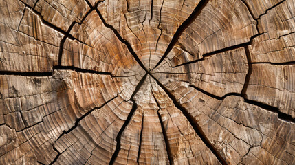 Fototapeta premium Aged tree stump slice with intricate grain patterns and visible cracks, showcasing beauty of natural wood textures and passage of time