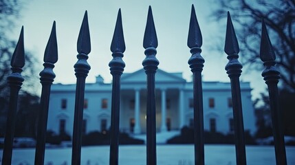 Frosty white house behind wrought iron fence.