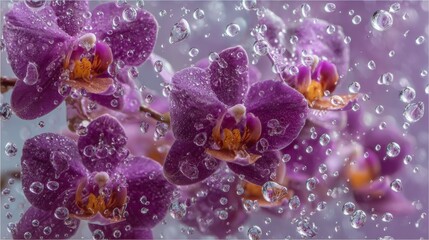 An enchanting image of purple orchids with crystal-clear water droplets clinging to their smooth petals, capturing the beauty and allure of these exotic flowers.