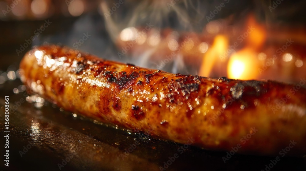 Poster an extreme close-up of a sausage being cooked, with attention to the browning and caramelization on 