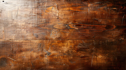 Fototapeta premium Antique wood surface with faded polish, showcasing rich brown tones and unique textures. surface features scratches and marks, adding character and history to material