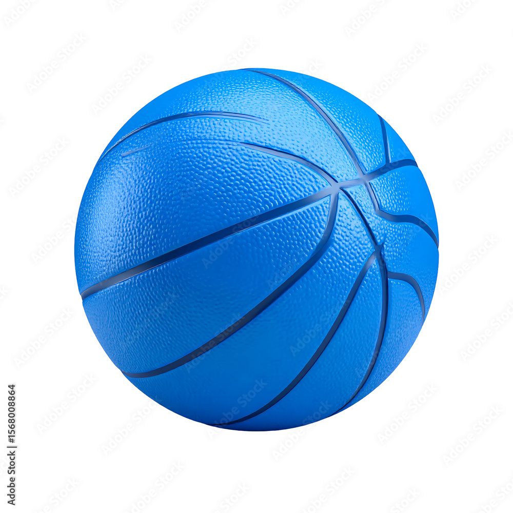 Poster blue basketball with rounded seams and glossy surface in 3d render on transparent background