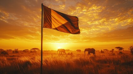 Flag Burkina Faso displayed against scenic wildlife landscape with elephants at dusk