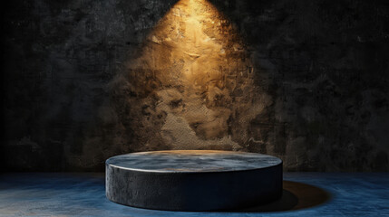 Glossy black podium is illuminated by spotlight against textured dark wall, creating dramatic atmosphere perfect for presentations or performances. contrast enhances visual appeal and focus