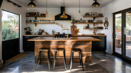 Bright modern kitchen with wooden island, black cabinetry, and stylish decor. space features mix of natural materials and contemporary design, creating warm and inviting atmosphere