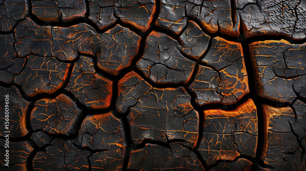 Poster close up view of burnt wood background showcasing charred texture with deep cracks and intricate pat