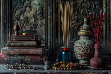 Contemplative and symbolic composition featuring religious artifacts, the symbolism and significance associated with each item, such as prayer, incense, or ritualistic objects